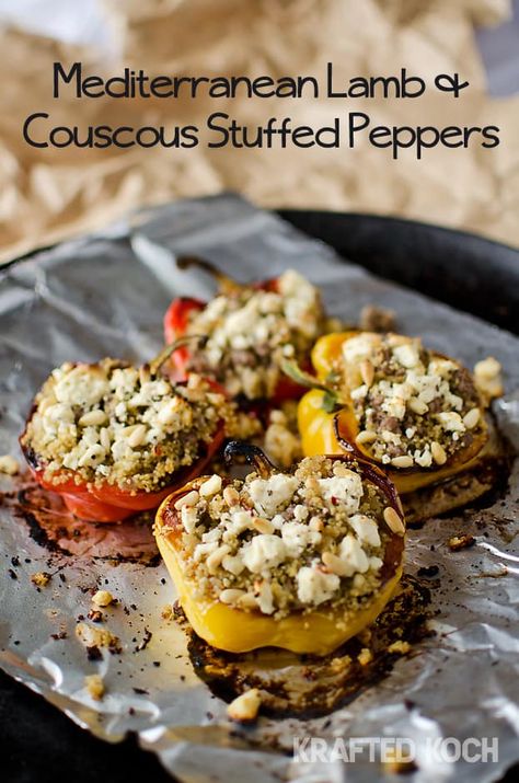 Lamb Couscous, Couscous Stuffed Peppers, Mediterranean Lamb, Lamb Dishes, Stuffed Pepper, Ground Lamb, Toasted Pine Nuts, Roasted Peppers, Lamb Recipes