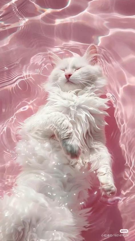 Cute Wallpapers Pastel Pink, 3d Cats Wallpaper, Cute Wallpapers Cat, White Cats Wallpaper, Pink Cat Aesthetic, Cats In Water, Cute Kitty Wallpaper, Fluffy Aesthetic, Cat In Water