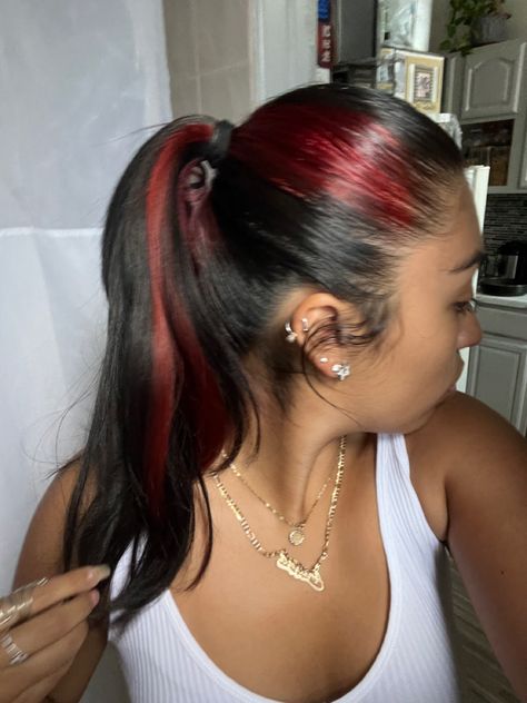 skunk strip red hair inspo Black Hair With Red Skunk Stripe, Single Skunk Stripe Hair, Skunk Stripe Hair Middle Part, Side Skunk Stripe Hair, Dark Red Skunk Stripe Hair, Sunk Stripe, Skunk Stripe Hair Red, Red Strips In Hair, Skunk Stripe Straight Hair