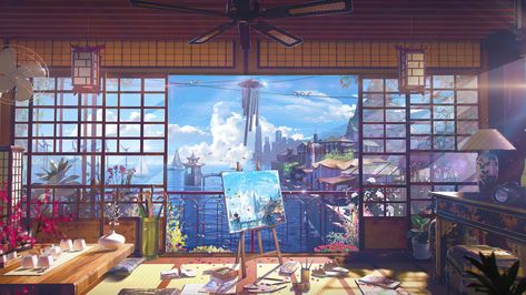 ocean view #room digital art #anime #painting #clutter #Japanese #4K #wallpaper #hdwallpaper #desktop Large Windows, Paintings, Wall, Anime