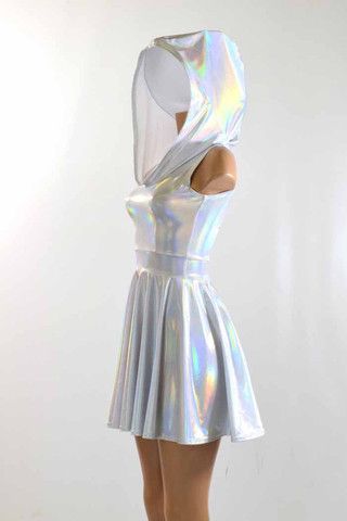 Flashbulb Sleeveless Hoodie Skater Dress Holographic Dress, Stile Kylie Jenner, Holographic Fashion, Galaxy Outfit, Silver Holographic, Pocket Hoodie, Sleeveless Hoodie, Skating Dresses, Silver Dress