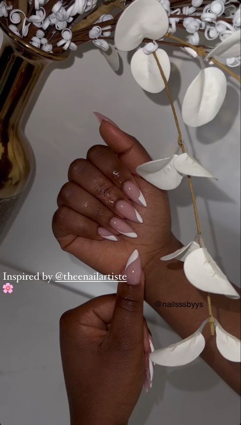 White Design On Almond Nails, Black Woman Wedding Nails, French Design Almond Nails, Oval Nails With Rhinestones, Nail Shape For Long Fingers, Almond Nails With Gems Rhinestones, Inverted French Nails, Long Almond Nails French Tip, Fall Nails Ideas Autumn Almond