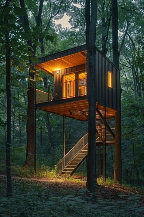 Modern Cabin Design, Treehouse Living, Tiny Log Cabins, Treehouse Ideas, Stilt House, Dream Escape, Hut House, Glass Cabin, Wood Cabin