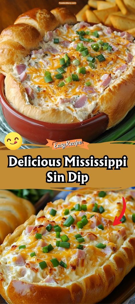 Get ready to sin deliciously with Mississippi Sin Dip, a decadent, cheesy dip with ham, cheddar, and spices, all hollowed into a loaf of bread and baked until golden and bubbly. It's sinfully good and perfect for dipping during game days or any gathering where you want to impress your guests. #SinDip #CheesyDip #PartySnack Ms Sin Dip, Hot Ham Dip Recipe, Chipped Beef Dip Bread Bowl, Mississippi Dip Recipe, Dips With Beer Bread, Appetizers Dips For Party Easy, Spam Dip Recipes, Bread Bowls Dip, Different Dips Appetizers