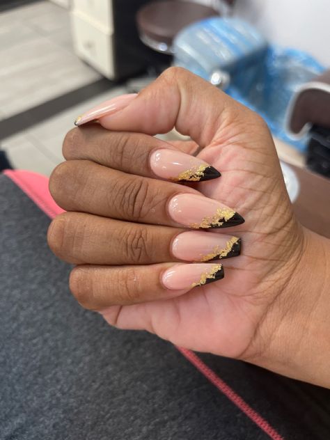 Black French Tip With Gold Foil, Almond Gold Foil Nails, Navy And Gold French Tip Nails, Foil French Tip Nails, Black French Tip Nails With Gold, Black Nails With Foil, Black Nails With Gold Flakes, Half French Tip Nails, Black And Gold French Tip Nails