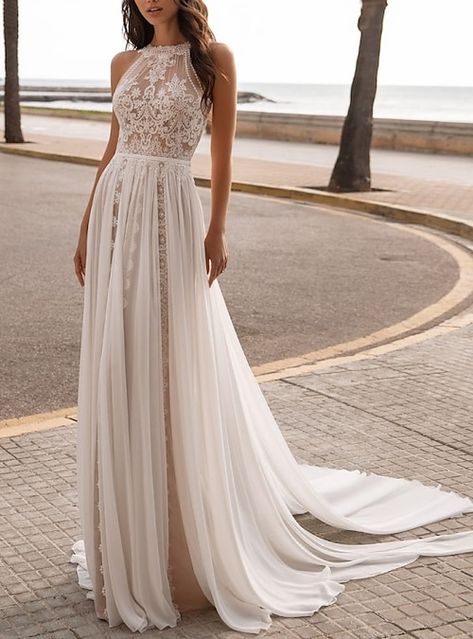 Wedding Dresses A Line Halter, Wedding Dresses Halter Neck, Sleeveless Lace Wedding Dress, Halter Wedding Dress, Beach Wedding Gown, Lace Applique Wedding Dress, Beach Bridal Gown, Beach Wedding Dress Boho, Boho Wedding Dress Lace