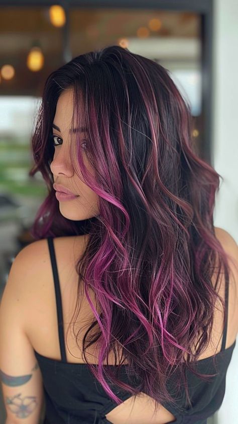 Dark Hair Colour Ideas Highlights, Dark Pink And Brown Hair, Dark And Pink Hair, Dark Pink Highlights In Brown Hair, Colored Hair Strands, Pink Hair Highlights Brunette, Dark Hair With Pink Highlights, Dark Hair With Pink, Hot Pink Peekaboo Hair