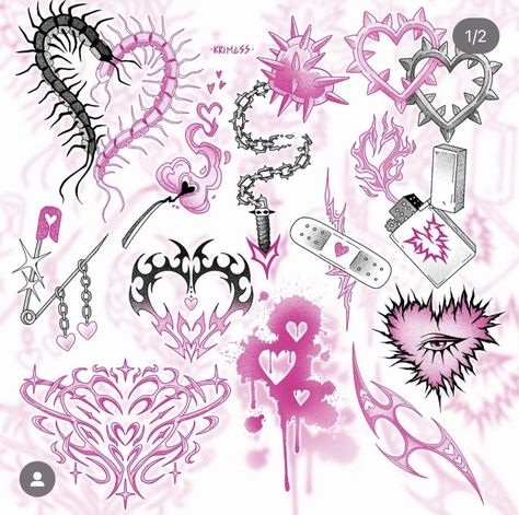 Pink Goth Tattoo, All Pink Tattoo, Y2k Tattoo Flash Sheet, Ashnikko Tattoo Ideas, Pink And Black Tattoo Ideas, Yandere Tattoo, Pastel Goth Tattoo Ideas, Blackpink Tattoo Ideas, Heart Tattoo Sleeve