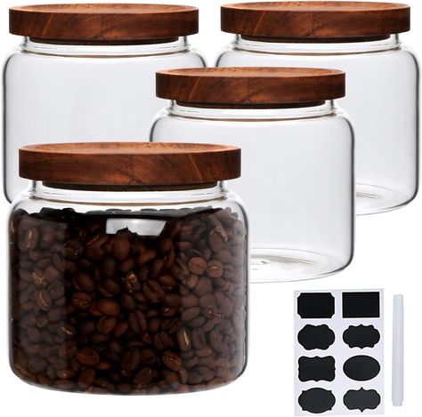 Datttcc Glass Jars,Set of 4 Glass Food Storage Containers with Wooden Lids,Clear Glass Canister Sets for Sugar,Tea,Coffee,Snack,Spice,Herbs(33 oz/ 1000 ml) Glass Food Storage, Glass Food Storage Containers, Canister Sets, Food Storage Containers, Storage Containers, Glass Jars, Food Storage, Herbs, Tea