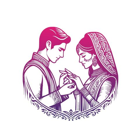 Vector indian bride and groom couple cli... | Premium Vector #Freepik #vector Hindu Wedding Bride, Mehendi Sketch, Engagement Logo, Figure Mehendi, Portrait Mehendi, Drawing Symbols, 3d Drawing Tutorial, Indian Hindu Wedding, Hindu Wedding Invitation Cards