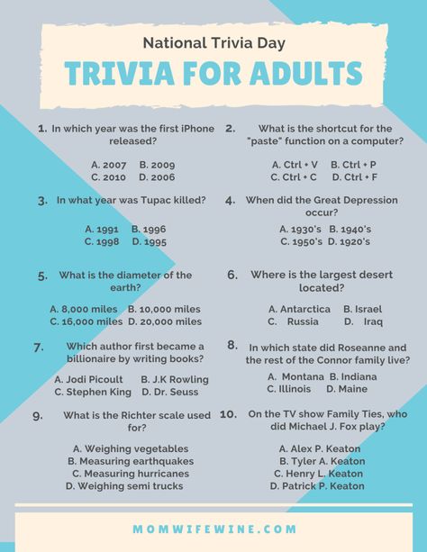 Fun Trivia for Kids and Adults - Free Printables - Mom, Wife, Wine Trivia Games For Adults Parties, Trivia Night Rules, Trivia For Couples, Trivia Questions And Answers 2023, Funny Trivia Questions And Answers For Adults, Free Printable Trivia Games, Trivial Pursuit Questions And Answers, Free Trivia Printables, Trivia Games For Groups