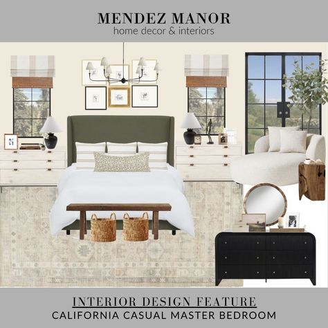 Online Interior Design Feature: California Casual Master Bedroom - Mendez Manor California Casual Interior, California Casual Interior Design, Casual Interior Design, California Design Interior, Tilly Upholstered Bed, Bedroom Mockup, Bedroom With Bath, Latest Interior Design, California Casual