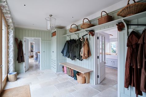 Beadboard And Wallpaper Hallway, Sicily House, Outdoor Hallway, Mudroom Entry, Boot Rooms, Boot Room Utility, Granny Annexe, Cloak Room, Utility Room Designs