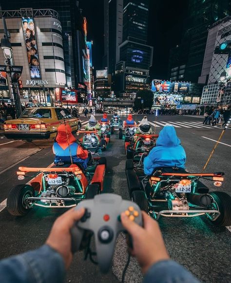 Brb, booking a flight to Tokyo where you can play Mario Kart IRL. 👋🏼 #hsinthefield ⁠ ⁠ ? Mario Kart Characters, Tokyo Aesthetic, Beautiful Places In Japan, Japan Vacation, Shibuya Tokyo, Aesthetic Japan, Japan Photo, Mario Kart, Japanese Cars