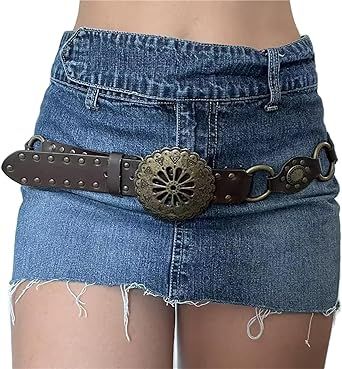 Alyweatry Women Boho Wide Disc Concho Leather Belt Aesthetic Grunge Western Waist Belt Y2k Vintage Accessories Brown Belt Aesthetic, Belts Aesthetic, Hip Hop Fashion 90s, Cottage Vintage, Ring Der O, Ethnic Design, Trendy Summer Outfits, Belt Style, Aesthetic Look