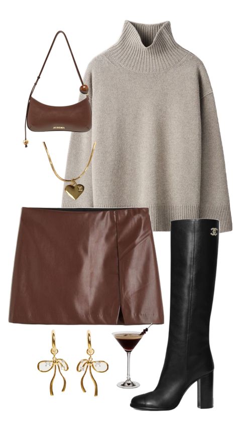 #outfitinspo Fashion Magazine Aesthetic, Magazine Aesthetic, Brown Leather Skirt, Chique Outfit, Leather Skirt Outfit, Looks Pinterest, Couture Runway, Pinterest Outfits, Looks Chic