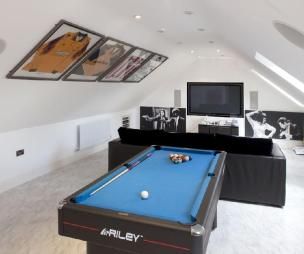 Loft conversion games room Loft Conversion Games Room, Attic Closet Ideas, Attic Game Room, Loft Conversion Design, Decorating Games, Slate Pool, Billiards Table, Hockey Table, Attic Closet