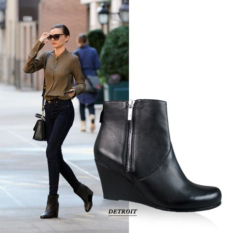 Wittner | Detroit Black Wedge Boots | Miranda Kerr Style Wedge Boots Outfit Winter, Black Wedge Boots Outfit, Wedges Outfit Winter, Wedge Boots Outfit, Wedges Outfit, Trendy Wedges, Summer Shoes Wedges, Black Wedge Boots, Pencil Skirt Casual