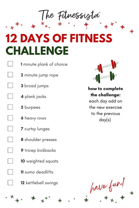 Sharing a build-a-workout combo, inspired by the 12 Days of Christmas Song. This 12 days of fitness challenge is short and sweet, and a fun way to add a little holiday cheer and extra challenge to your workouts for the next 12 days or any time you feel in the holiday workout mode! | At-Home Workout | The Fitnessista Christmas Workout Challenge, Holiday Fitness Challenge, 12 Days Of Christmas Song, Mini Workout, Challenge Fitness, Christmas Workout, Tricep Kickback, Plank Jacks, Weighted Squats