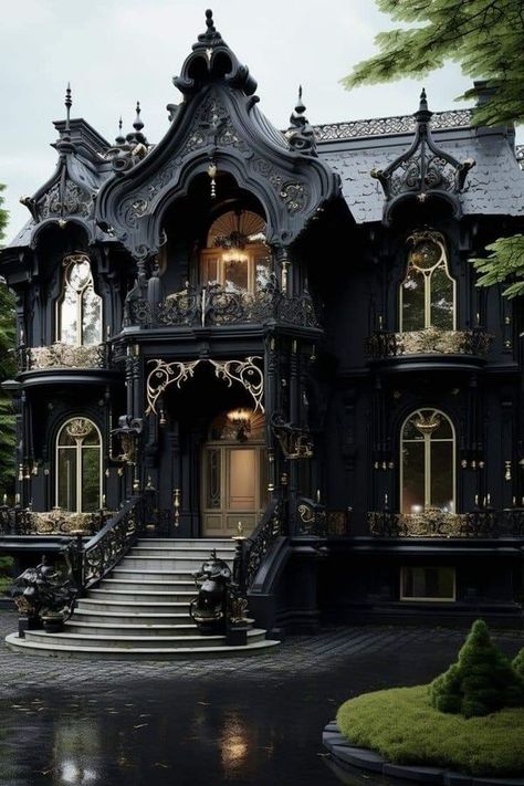 Gothic Lifestyle Black Victorian Bedroom, Gothic Victorian House Plans, Gothic Cottagecore Aesthetic, Modern Gothic House, Gothic Houses, Victorian Gothic House, Gothic Lifestyle, Gothic Victorian House, White Picket Fences