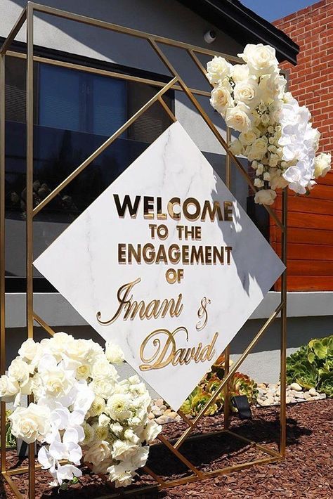 Signage Florals, Welcome Stand, Engagement Party Themes, Engagement Stage Decoration, Engagement Themes, Engagement Party Planning, Elegant Engagement Party, Party Rules, Engagement Dinner