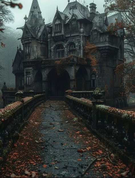 Dark Fantasy Architecture, Dark Places Aesthetic, Haunted House Exterior, Abandon Castle, Haunted Victorian House, Haunted House Aesthetic, Goth Manor, Fall Castle, Goth Forest