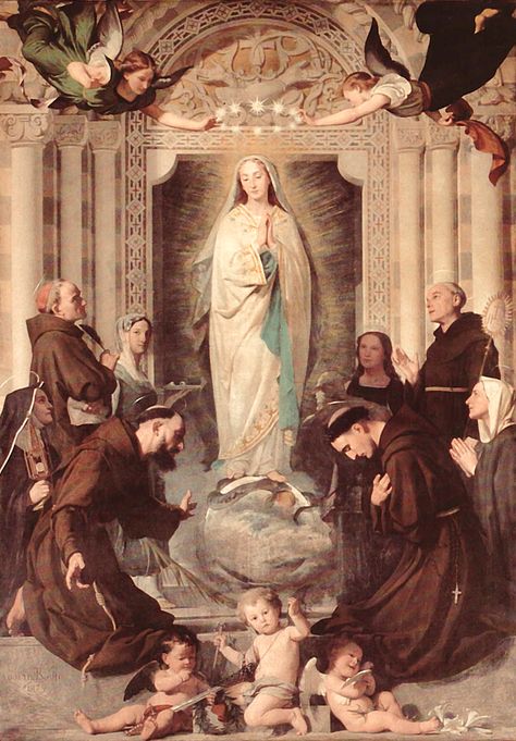 The Immaculate Conception with St. Francis of Assisi, St. Anthony of Padua, St. Bonaventure, Sn. Bernardine of Siena, St. Lucia, St. Agnes, St. Clare of Assisi and St. Margaret of Cortona Enrico Reffo –19th. century Church of St. Thomas - Torino, Italy. Saint Anthony Of Padua, Virgin Mary Art, Blessed Mary, The Immaculate Conception, Images Of Mary, Spiritual Stuff, Jesus And Mary Pictures, Catholic Images, St Anthony