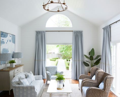 Light arched ceiling living room with chandelier and light blue curtains and Hamptons style in Southern Highlands home. #hamptons #livingroom #archceiling Blue Curtains Living Room, Light Blue Curtains, Living Room Transformation, Living Room Decor Curtains, Southern Highlands, Blue Curtains, Room Curtains, Hamptons House, Curtains Living