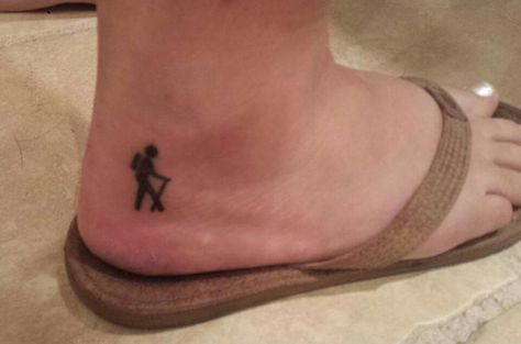 Hiker Backpacking Tattoos For Women, Backpacking Tattoo Ideas, Hiker Tattoo Ideas, Hiking Trail Tattoo, Tattoos For Hikers, Tattoos For Outdoorsy Women, Hiking Tattoo For Men, Hiking Boot Tattoo, Granola Girl Tattoo Ideas