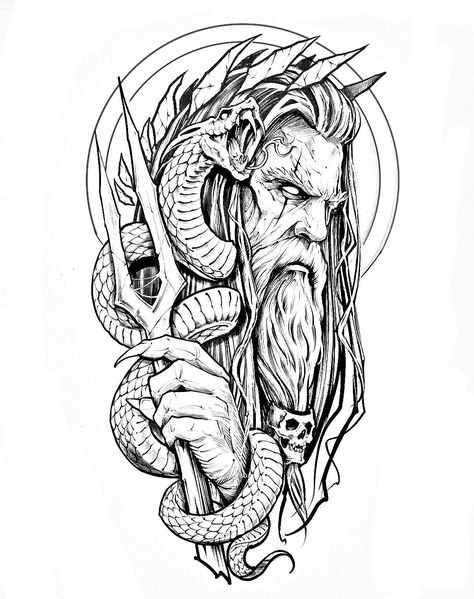 Hades Drawing Greek Mythology, Poseidon Tattoo Design Greek Mythology, Poseidon Drawing, Hades Tattoo, Half Sleeve Tattoos Sketches, Half Sleeve Tattoo Stencils, Greek God Tattoo, Poseidon Tattoo, Tatuagem Masculina Pequena