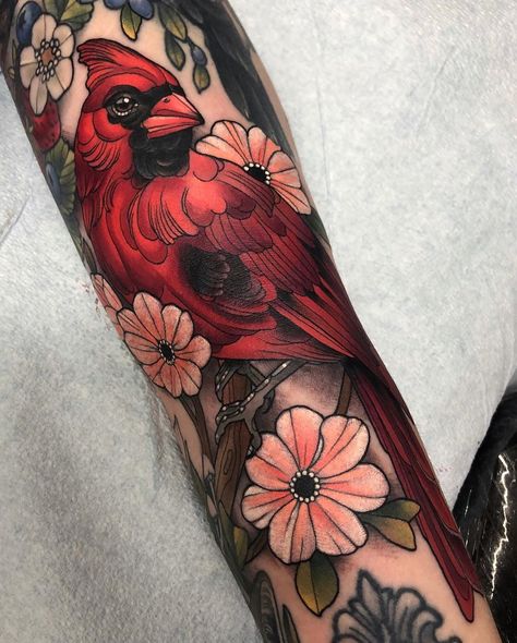 5,222 Likes, 49 Comments - Arielle Gagnon (@mermaidsketches) on Instagram: “Cardinal ♥️ To fill a gap in Marianne’s sleeve. Coming along nicely!” Cardinal Sleeve Tattoos For Women, Garden Design Tattoo, Neotraditional Cardinal, Red Cardinal Tattoos, Bird Tattoo Sleeves, Cardinal Tattoo, Red Bird Tattoos, Cardinal Tattoos, Thigh Sleeve