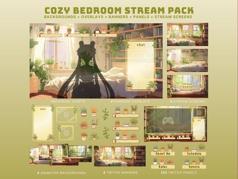 animated bedroom twitch overlay animated vtuber background cozy bedroom overlay cozy twitch banner green stream package cozy stream screen by SubtleStyleStudio on Etsy Animated Bedroom, Vtuber Background, Twitch Banner, Peaceful Morning, Nature Room, Bedroom Scene, Animated Background, Tranquil Retreat, Twitch Overlay