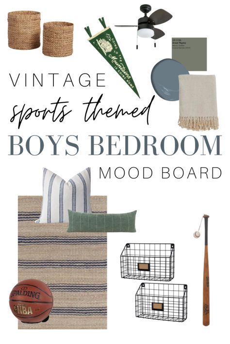 Boys Vintage Sports Bedroom, Rustic Sports Bedroom, Neutral Sports Boys Room, Boys Vintage Sports Room, Boy Nursery Mood Board, Vintage Sports Nursery Baby Boy, Sports Room For Boys, Teen Boy Sports Bedroom, Toddler Sports Bedroom