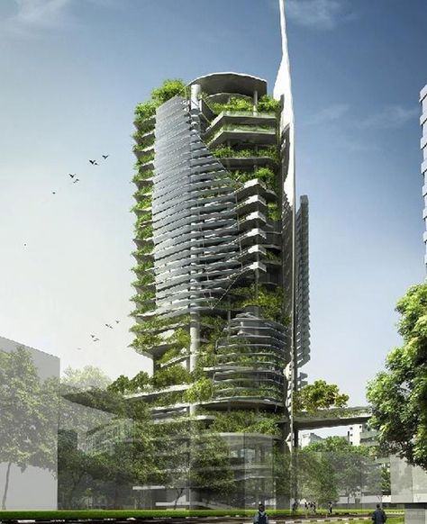 Eco-Friendly Tower,Singapore | See More Pictures | #SeeMorePictures Vertical Farming, Architecture Inspiration, Green Architecture, Amazing Buildings, High Rise Building, Sustainable Architecture, Futuristic Architecture, Modern Buildings, Green Building