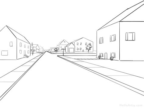 One Point Perspective Drawing: Step by Step Guide for Beginners Street One Point Perspective, Road Perspective, Drawing Road, One Point Perspective Room, 1 Point Perspective Drawing, Street Drawing, Perspective Room, Green Concept, 1 Point Perspective