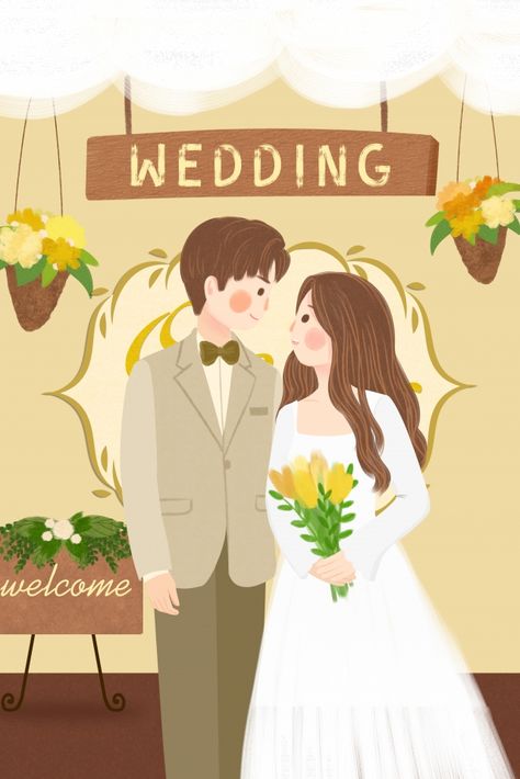 Wedding marriage scene bride and groom wedding illustration image Flower Basket Bouquet, Welcome Desk, Basket Bouquet, Wedding Cartoon, Wedding Illustration Card, Couple Illustration Wedding, Wedding Couple Cartoon, Invitation Poster, Wedding Scene