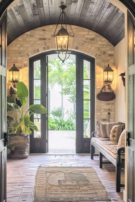 Entryway To Living Room, Entrances To Homes, Mexican Farmhouse Decor, Room Transition, Mexican Farmhouse, Foyer Ceiling, Mediterranean Revival Style, Pakistan Home, Home Vibes