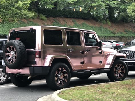 Metallic pink Jeep💕 Rose Gold Jeep Wrangler, Black And Pink Jeep, Rose Gold Jeep, Pink Jeep Wrangler, White Jeep, Pink Jeep, Vision Book, Dream Things, Boujee Aesthetic