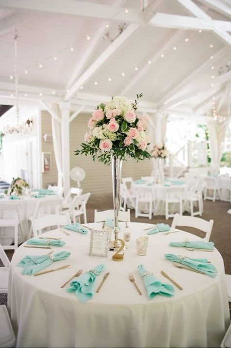 Tiffany Blue And White Wedding, White And Tiffany Blue Wedding, Tiffany Blue Table Setting, Aqua Quinceanera Decorations, Tiffany Blue Wedding Decorations, White Reception Table, Tiffany Blue Wedding Theme, Blue Table Settings, Aqua Blue Wedding