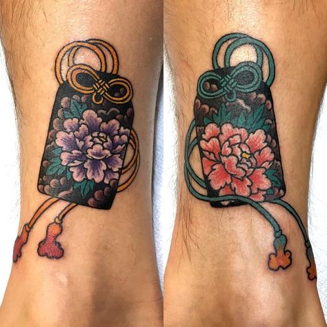 Kanae Tattooer on Instagram: “A pair of Omamori lucky charm on inside of ankle! Done @invisiblenyc  Thank you Daniel!! 🙏🏼” Lucky Charms Tattoo, Good Luck Charm Tattoo, Lucky Charm Tattoo, Charms Tattoo, Omamori Tattoo, Japanese Good Luck Charm, Label Tattoo, Daruma Tattoo, Japanese Lucky Charm