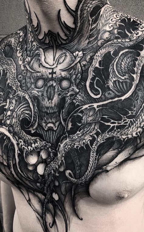 Occult Chest Tattoo, Scary Chest Tattoo, Goth Chest Tattoo Men, Demon Chest Tattoo, Demon Back Tattoo, Gothic Chest Tattoo, Skull Chest Tattoo, Demonic Tattoos, Gotik Tattoo