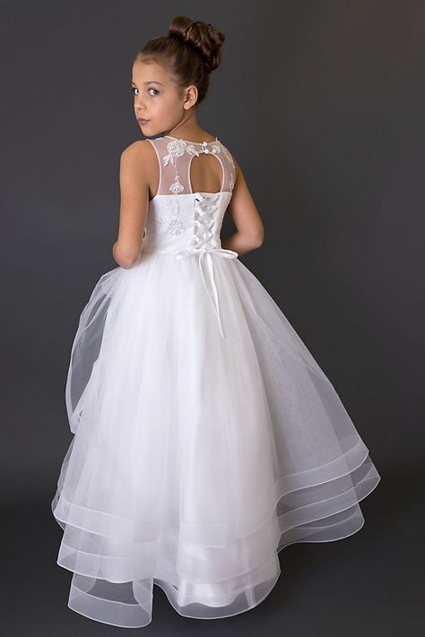 Spring Organza First Communion Dress, White Organza First Communion Dress With Lace Bodice, First Communion Tulle Dress With Bow, Communion Dresses Lace, Organza Ball Gown For First Communion/pageant, White Tulle First Communion Dress With Bow, Tulle Overlay Skirt, Lace Mesh Dress, Athena Dresses