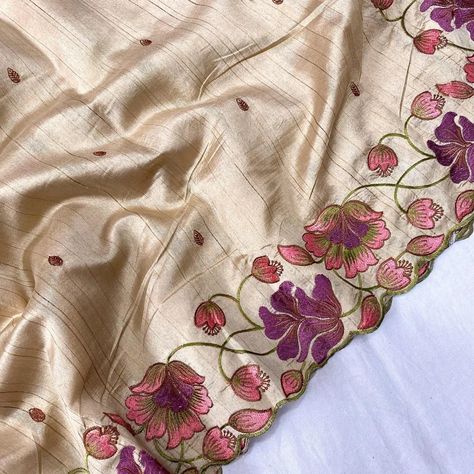 Premium tussar silk saree with all over beautiful contrast embroidery work and motifs with cutwork border. For orders dm us or visit: www.pahrava.com Link in bio. #saree #sareefashion #Pahrava #silksarees #handwork #embroidery Contrast Embroidery, Tussar Silk Saree, Fancy Sarees, Saree Styles, Embroidery Work, Blouse Length, Work Blouse, Cut Work, Silk Saree