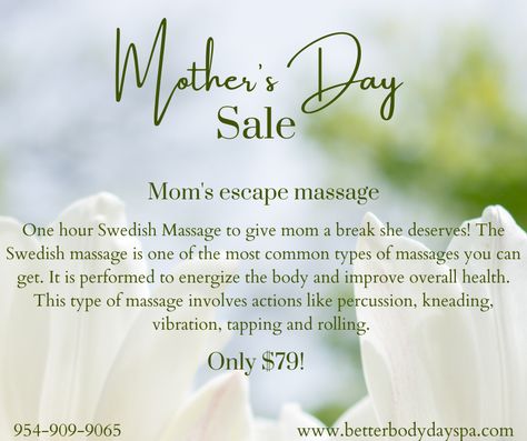 Massage Mothers Day, Mothers Day Spa Promotions, Mothers Day Massage, Massage Therapy School, Massage Therapy Quotes, Mothers Day Spa, Massage Quotes, Swedish Massage, Body Spa