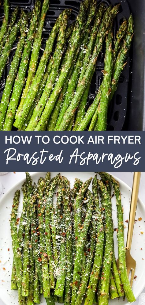 Enjoy this quick and easy air fryer roasted asparagus as a healthy side dish you can make in minutes. The asparagus comes out so flavorful and amazing and goes with so many things like chicken, pork, or seafood. Air Fried Vegetable Recipes, Air Fryer Asparagus, Asparagus Recipes Roasted, The Best Air Fryer, Cooks Air Fryer, Asparagus Fries, Air Fryer Oven Recipes, Air Fry Recipes, How To Cook Asparagus