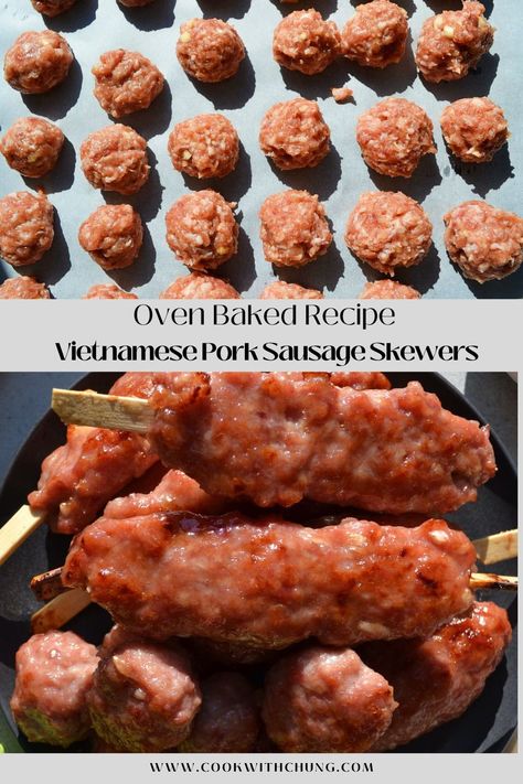 Are you looking to make a easy Nem Nuong in the oven or bbq grill? Look no further, here is a recipe for making an easy and amazing Vietnamese Pork Sausage Skewer for you to enjoy. Be sure to read more for more details on how to make a delicious Nem Nuong to enjoy at home or bring to a party! Vietnamese Pork Skewers, Nem Nuong Recipe, Vietnamese Sausage, Sausage Skewers, Nem Nuong, Easy Vietnamese Recipes, Vietnamese Pork, Pork Skewers, Oven Baked Recipes