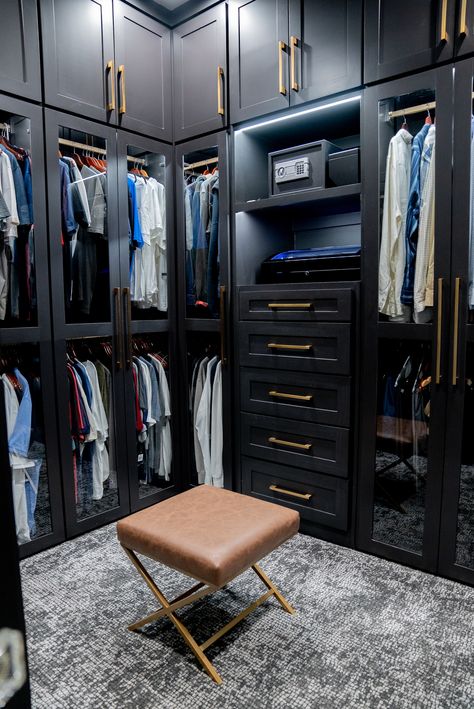 Luxury Closets Design Men, Black And Gold Closet Ideas, Black Custom Closet, Male Closet Ideas, Man Closet Ideas, Men’s Closet Ideas, Black Closet Ideas, Manly Closet, Mens Closet Ideas