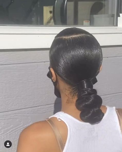 Low Weave Bun, Low Bun Hairstyles For Black Women Weave, Low Ponytail Bun Black Women, Bun Weave Black Women, Sleek Back Knot Bun, Slick Back Bun With Braiding Hair, Slick Knot Bun, Back Knot Bun, Slick Back Knot Bun