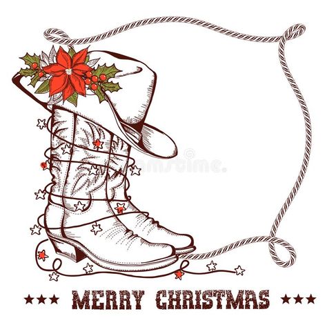 Western Christmas Drawings, Punchy Wallpaper, Cowboy Christmas Decorations, Cowboy Christmas Cards, Cowboy Christmas Party, Western Christmas Cards, Frame For Text, Christmas Cowboy, Stamped Christmas Cards