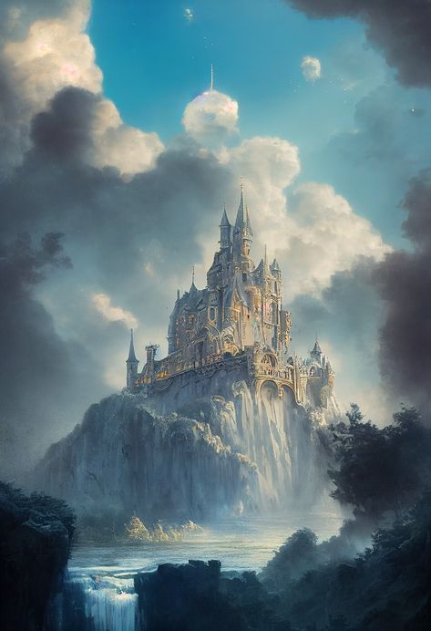 Fantasy Castle Aesthetic Exterior, Kingdom Fantasy Castles, Fantasy Mansion Art, Fantasy Kingdom Cities, Fantasy Castle Aesthetic, Elven Castle, Fantasy Landscape Art, Elven City, Castle Medieval